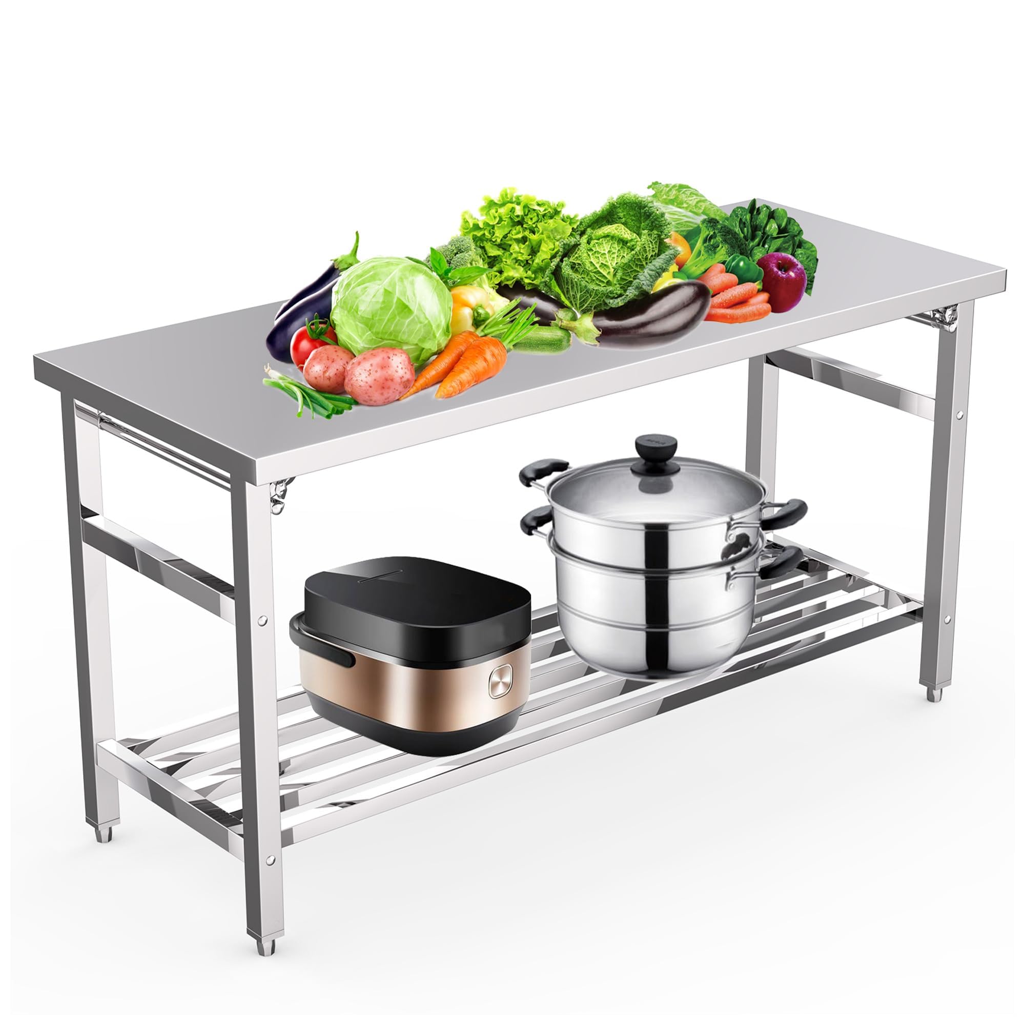 Commercial Kitchen Cooking - 60インチ×24インチ折りたたみ式ステンレス製調理台、NSF認定の頑丈な作業台、調節可能な下段棚付き、キッチン・屋外用業務用調理作業台